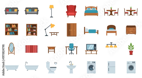 Various household furniture and appliances icons set