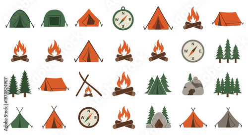 Camping icons set with tents campfires trees compasses and logs on white background