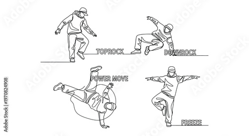 Line art illustration depicting various breakdancing poses and movements