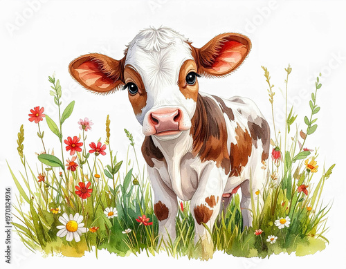 Adorable baby calf watercolor with grass and blooms, cartoon style, gentle colors, isolated on white background