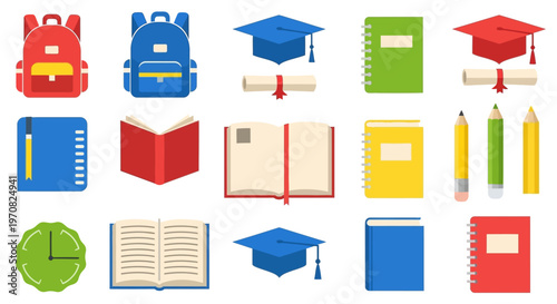 School supplies and education icons colorful illustrations of backpacks books graduation caps