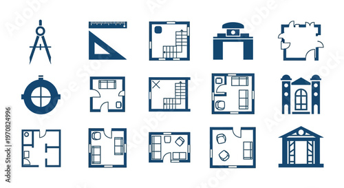Set of various architectural blueprints and construction icons on white background
