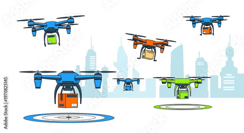 Drones flying over city with packages delivery concept