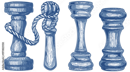 A blue-toned illustration showcasing four decorative pillar or pedestal designs, evoking nautical themes