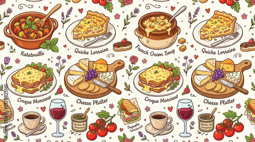 A delightful French-themed food illustration featuring a seamless pattern of classic dishes and ingredients, perfect for culinary art and design.