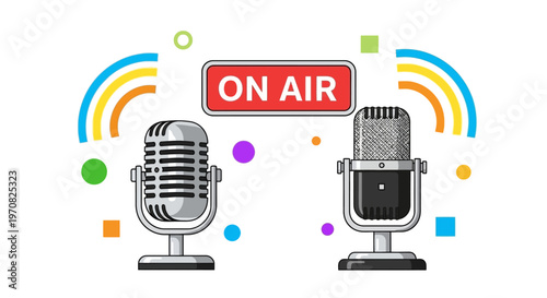 Microphones on air colorful illustration podcast recording live broadcast radio show two microphones