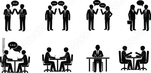 Business people icons set featuring professionals in suits talking standing and sitting at office desks for meetings interviews and corporate communication concepts.