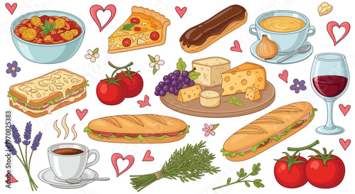 A vibrant collection of French-inspired food and drink items, including sandwiches, cheese, soup, pastries, and wine, set against a backdrop of hearts and flowers.