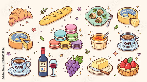A charming collection of French-inspired food and drink items, including pastries, cheese, wine, and coffee, presented in a delightful, illustrative style.