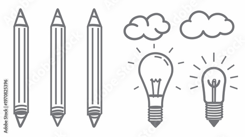 Line art illustration with pencils, clouds, and lightbulbs, conveying ideas and creativity