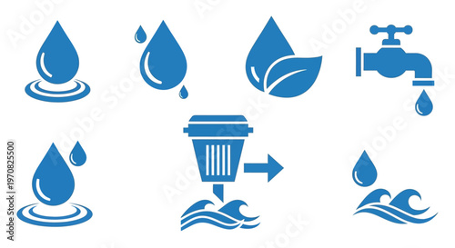 Water Conservation Icons Set Blue Waterdrop Leaf Faucet Filter