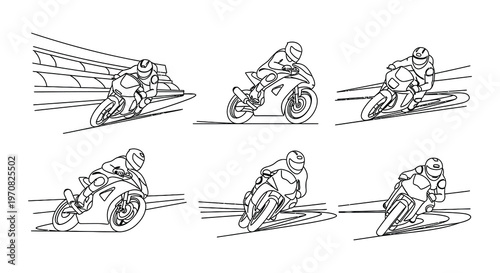 Line drawing of motorcycle racers in various dynamic riding positions