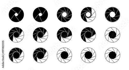 Camera aperture set with black and white iris diagrams, shutter open close featuring diaphragm, photography, graphic resources with icons and