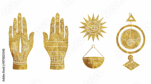 Golden illustrations depicting hands, sun, eye, hanging scale, and round pendant with geometric shapes