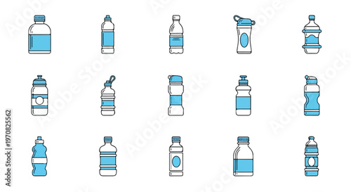 Collection of various water bottles and sports drink containers with blue liquid, isolated on white background