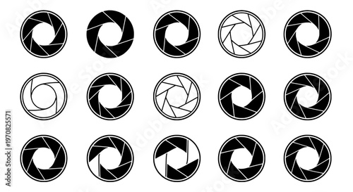 Camera aperture icons set with black and white circular designs, shutter blades, photography symbols, and graphic elements for light control.