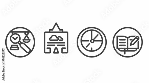 Four black outlined icons in circles a checkmark with magnifying glass, scale, display, clock, and book with pen