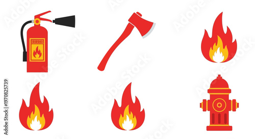 Fire safety icons firefighter tools and flames