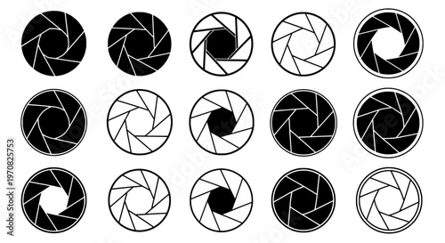 Camera shutters black and white icon set with various aperture designs and styles, isolated on a plain background for photography and graphic design