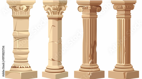 Four stylized ancient columns, showcasing varying architectural designs with detailed capitals and bases