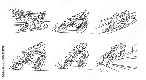 Line drawing of motorcycle racers in various dynamic riding positions