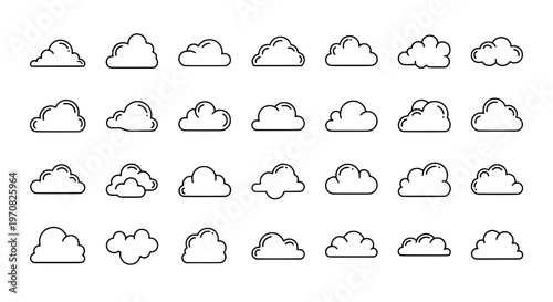 Clouds line drawn set with black outlines and various puffy white shapes featuring weather icons, weather symbols, cloud illustrations with cloud