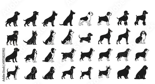 Black and white dog breeds silhouettes set vector illustration
