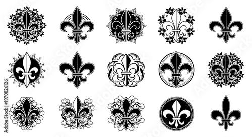Fleur-de-lis decorative set with black and white illustrations, ornate designs, and floral patterns featuring pattern, design, illustration with
