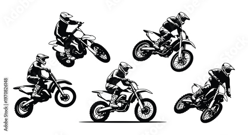 Five motocross riders on dirt bikes in a black and white illustration