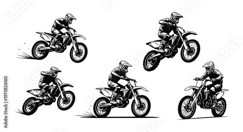 Five motocross riders on dirt bikes in a black and white illustration