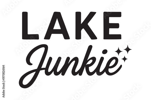A graphic design featuring the text lake junkie with stylistic typography and sparkle accents high quality