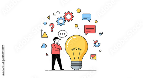 A man thinking with a lightbulb and symbols.