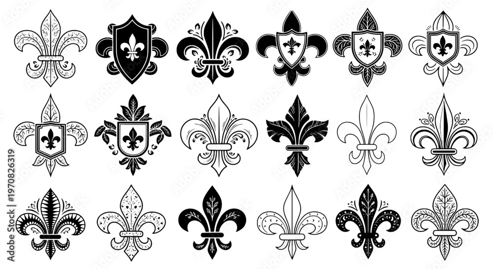 Obraz premium Fleur-de-lis heraldic symbol set with black and white designs, ornate fleur-de-lis and shield crests with detailed illustrations.