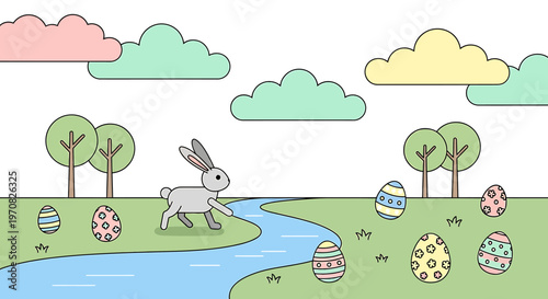 Easter bunny by a winding stream.