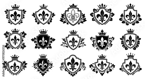 Crests heraldic set with fleur-de-lis and crown designs in black featuring shields, emblems, logos with icons and white elements for vector,