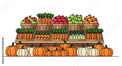 Colorful illustration of fresh produce market.