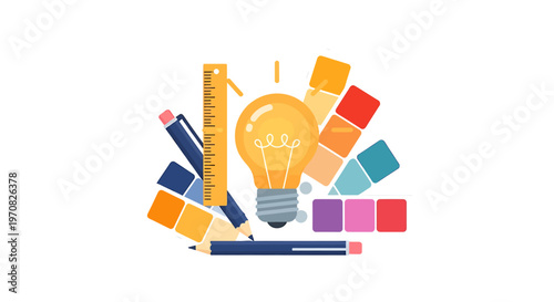 Colorful illustration of school supplies and lightbulb.