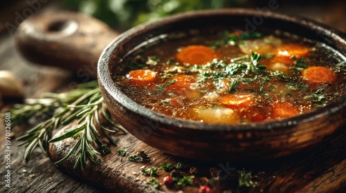 Warm bowl of vegetable soup with herbs, on a wooden cutting board
