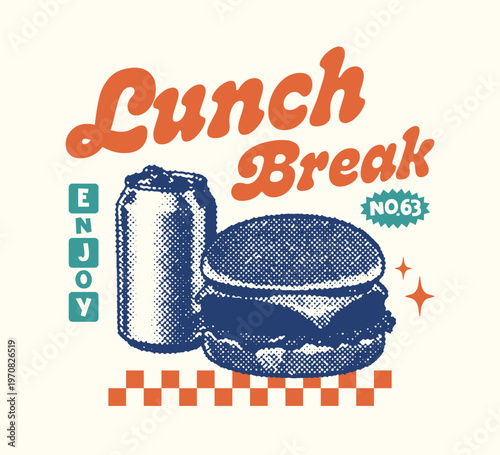 Vector illustration of a t-shirt design retro vintage lunch break illustration with burger and soda can