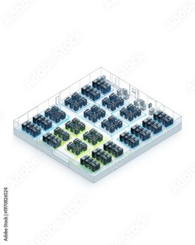 An isometric view of a modular grid featuring multiple black blocks arranged on a white background isolated on white background