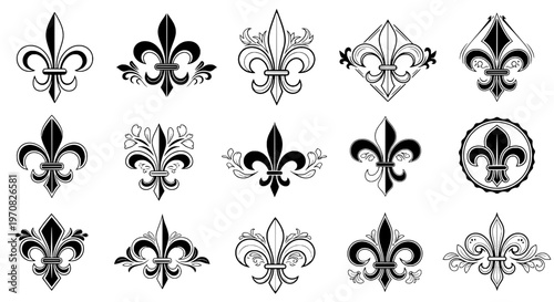 Fleur-de-lis ornate symbol set with black and white designs, decorative floral emblems, and heraldic motifs.