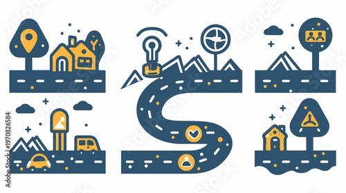 A stylized illustration depicting a journey, various road markers and related icons