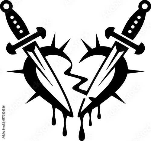 Black Broken Heart with Thorns and Swords Dripping Isolated White dagger