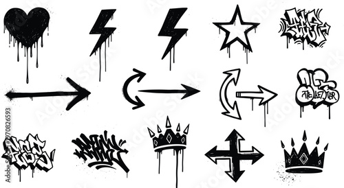 Grunge graffiti elements vector set with arrows lightning star crown and urban spray symbols for street art design