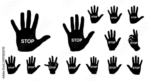 Hands palm stop sign set with black silhouettes and white text featuring hand, silhouette, gesture with prohibition and halt elements for cease,