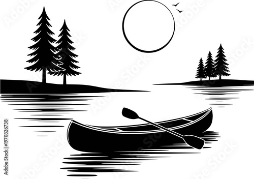 Black silhouette of a canoe with paddle rippling water near pine trees under a circular sun and birds
