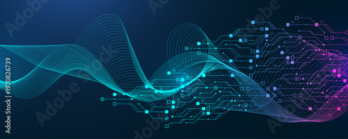 Abstract digital wave and circuit board pattern representing data flow and network connectivity with a gradient of blue and purple hues creating a futuristic technological background