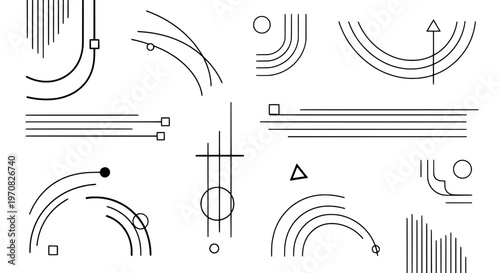 Lines abstract geometric set with curved shapes and minimalist designs in black featuring curves, design, white with background and graphic elements