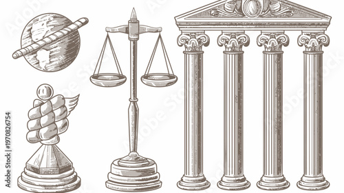 A stylized illustration featuring classical elements such as scales, columns, wings, and a globe