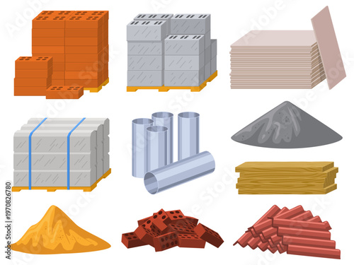 Assortment of construction including bricks concrete blocks pipes sand and wood planks